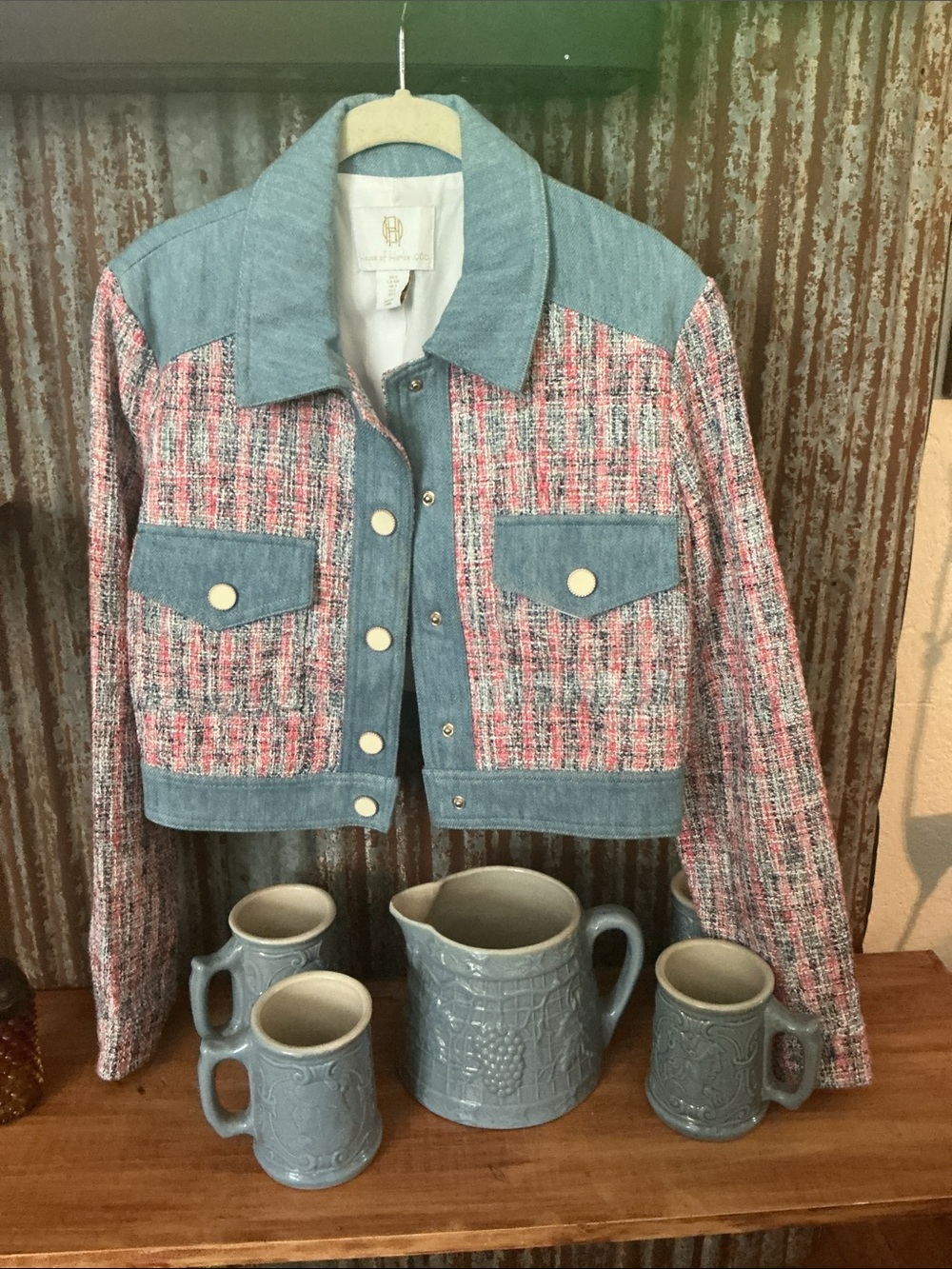 House of Harlow 1960 Pink and Blue Tweed Jean Jacket